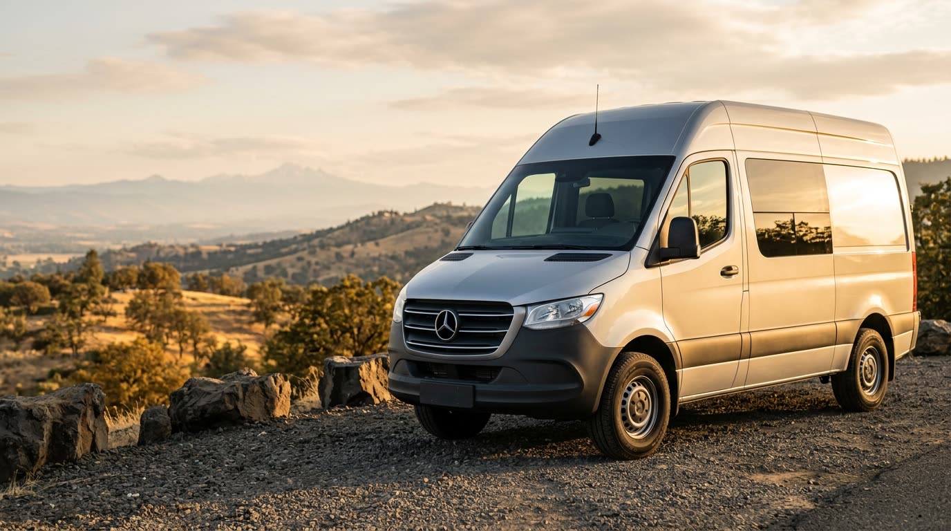 Silver Mercedes-Benz Sprinter van at a scenic Rogue Valley overlook